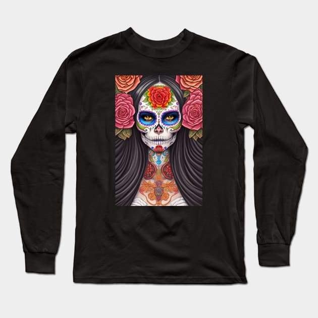 Woman in Sugar Skull Makeup - Mexican Sugar Skull Art Long Sleeve T-Shirt by ImaginativeInkPOD